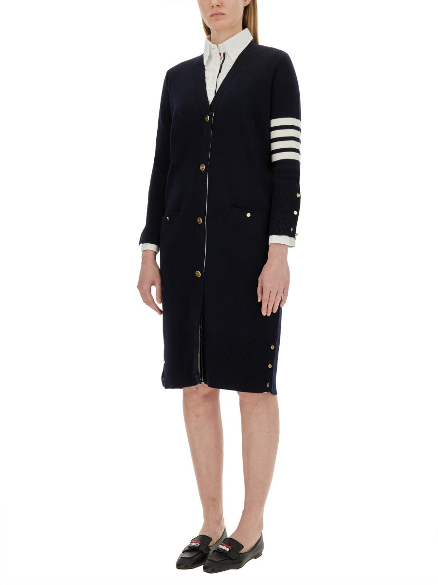 THOM BROWNE Long Cardigan with 4-Bar Design in Size 40