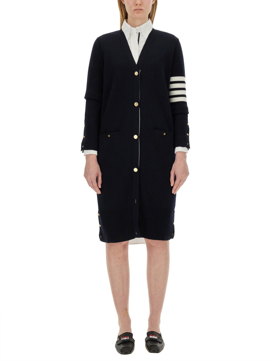 THOM BROWNE Long Cardigan with 4-Bar Design in Size 40