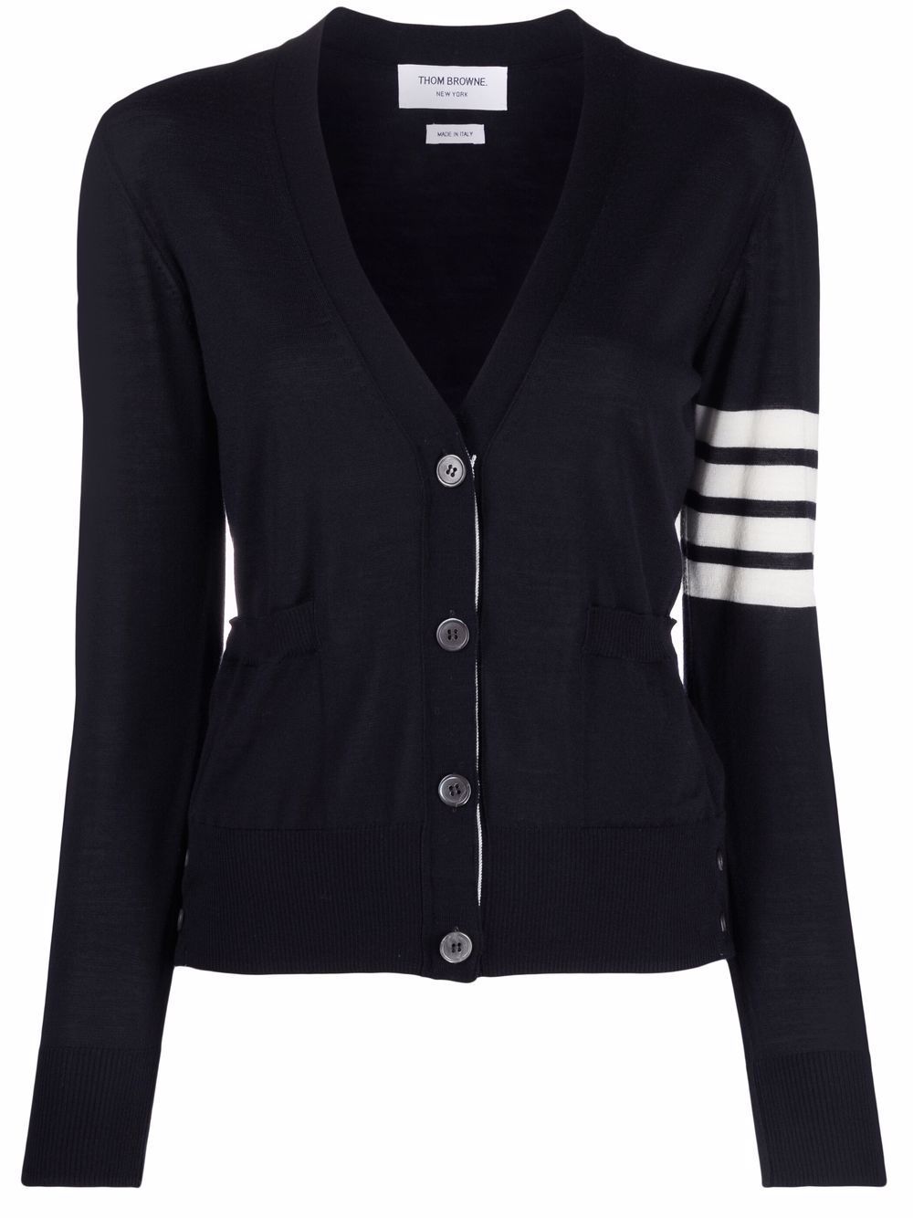 THOM BROWNE Wool Cardigan with Signature Stripe Trim