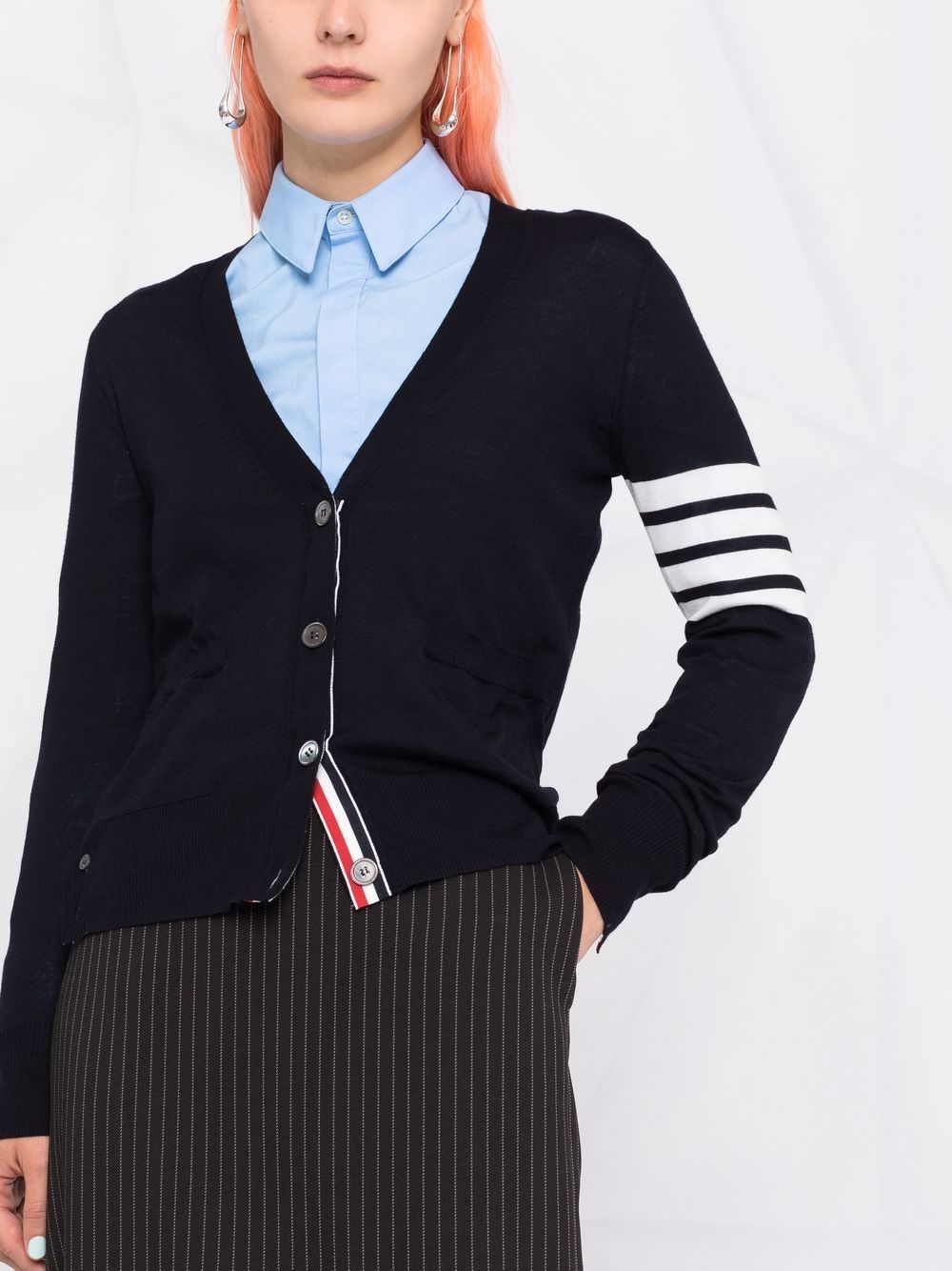 THOM BROWNE Wool Cardigan with Signature Stripe Trim