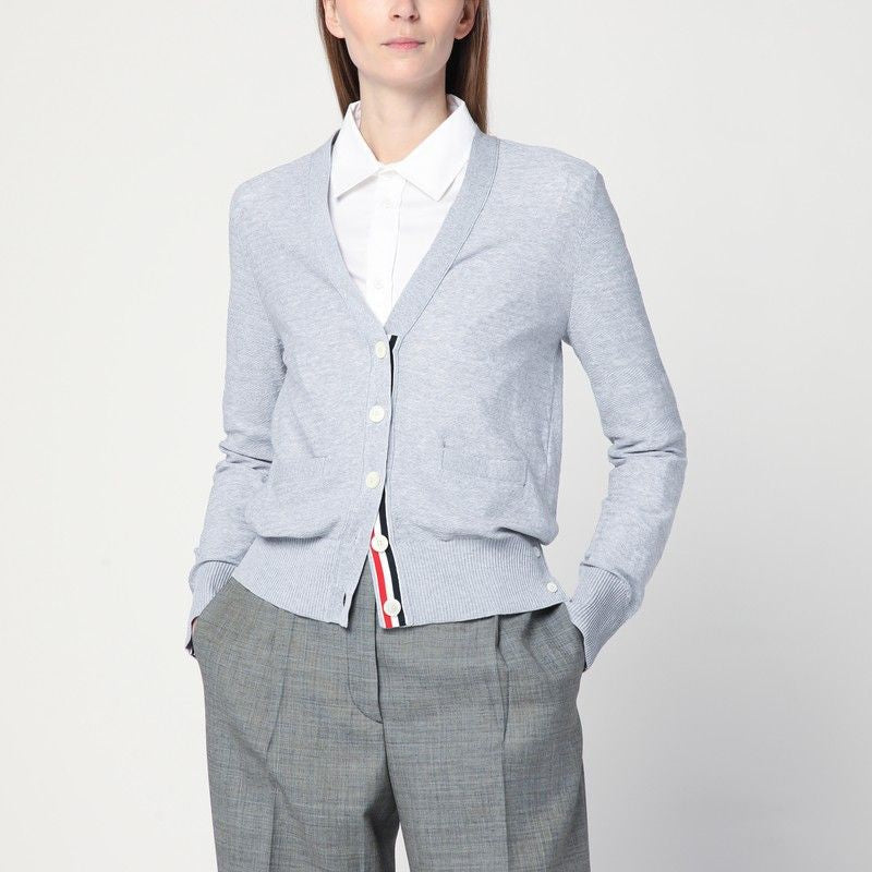 THOM BROWNE Light Grey Cardigan in Cotton and Silk for Women - SS25