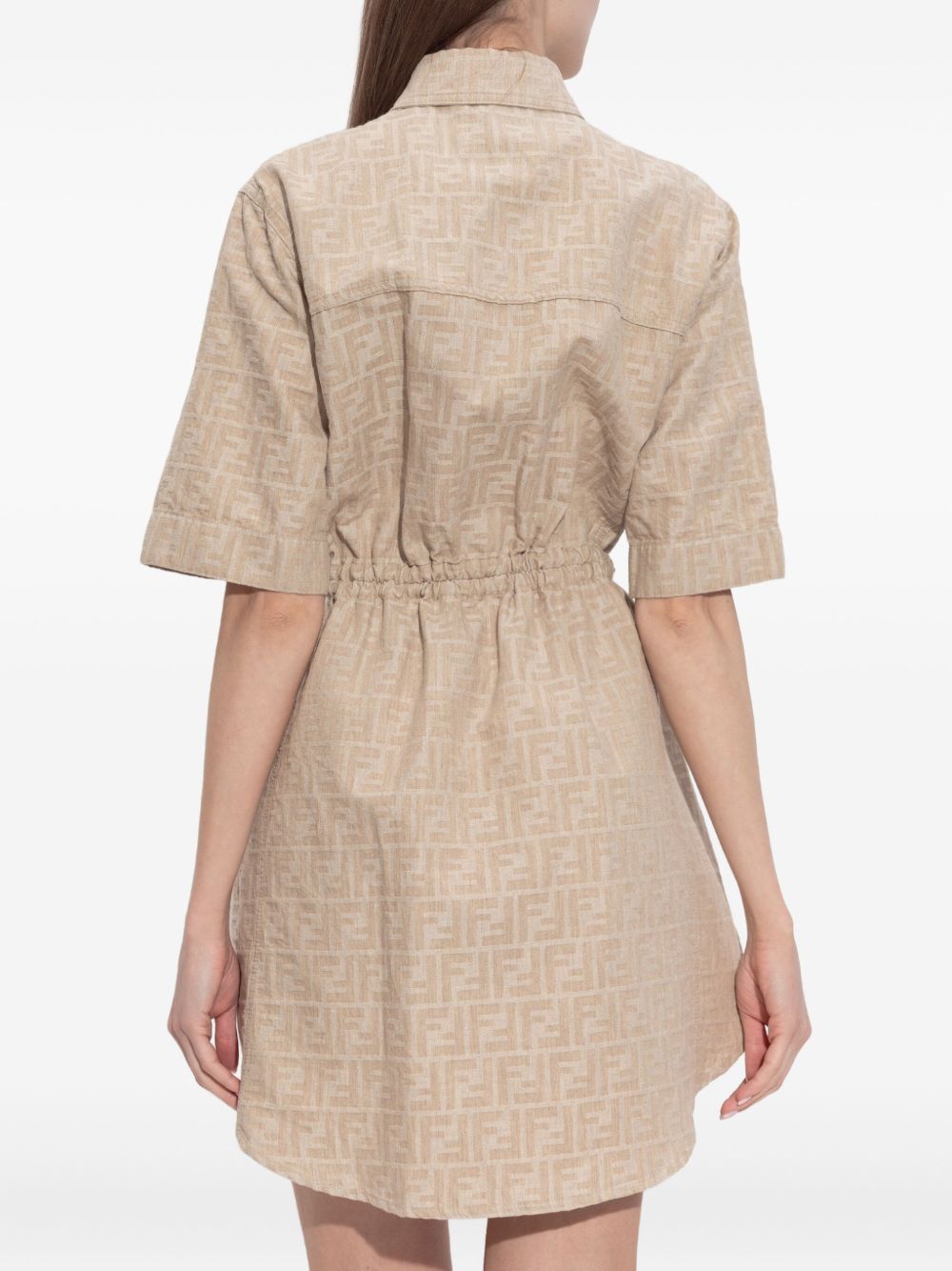 FENDI Cotton Linen Dress with Belted Waist and All-Over Logo Pattern