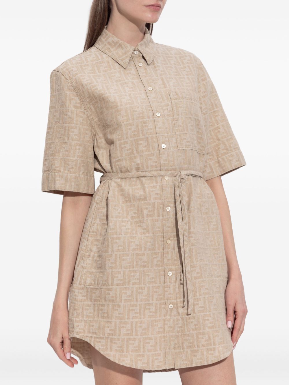FENDI Cotton Linen Dress with Belted Waist and All-Over Logo Pattern