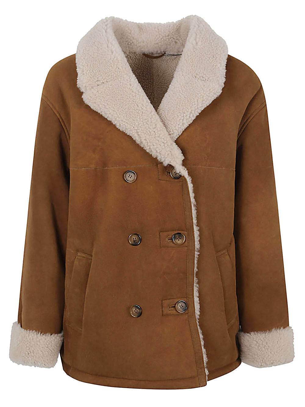 ENES Double-Breasted Leather Jacket with Contrast Fur Lapels - Women