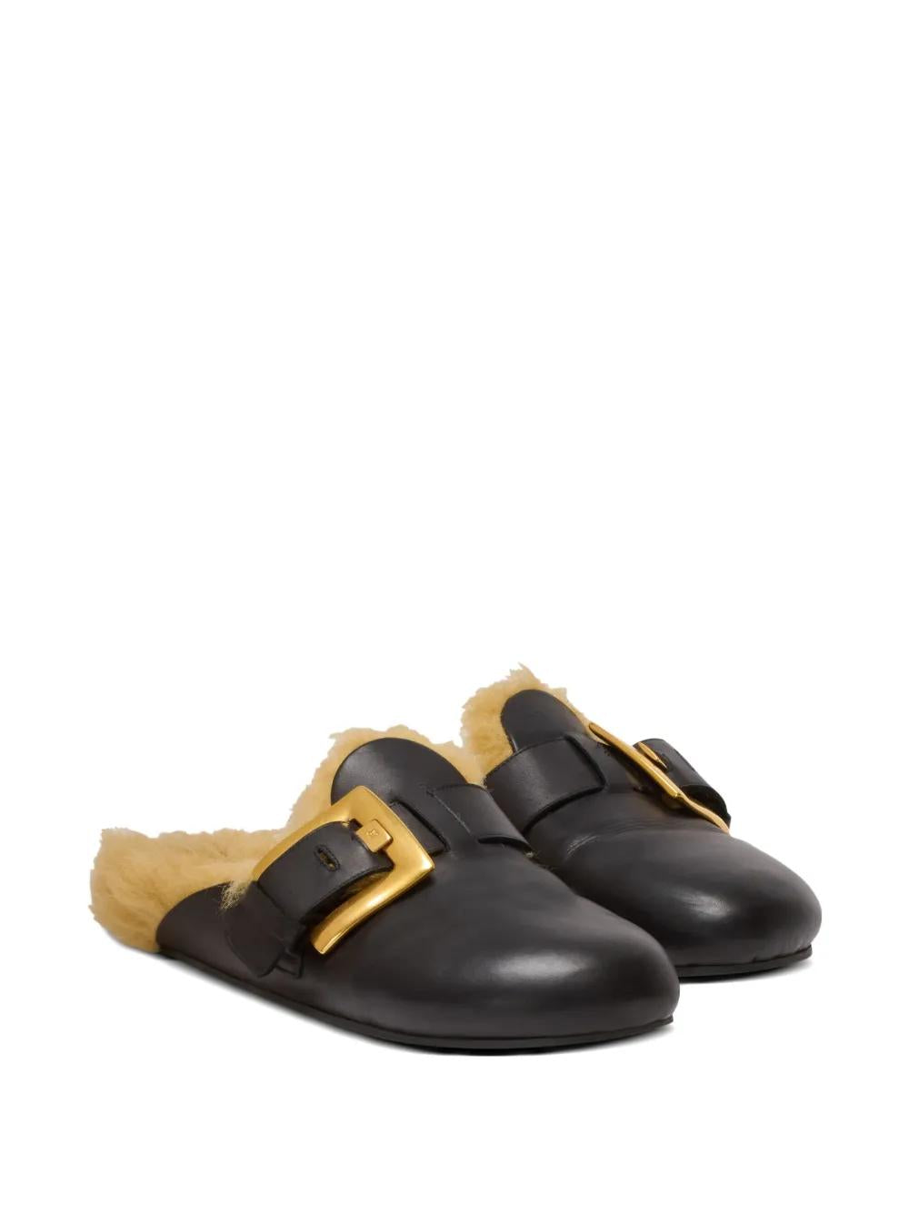 BALMAIN Faux Fur Lined Slip-On Flat with Decorative Buckle Detail