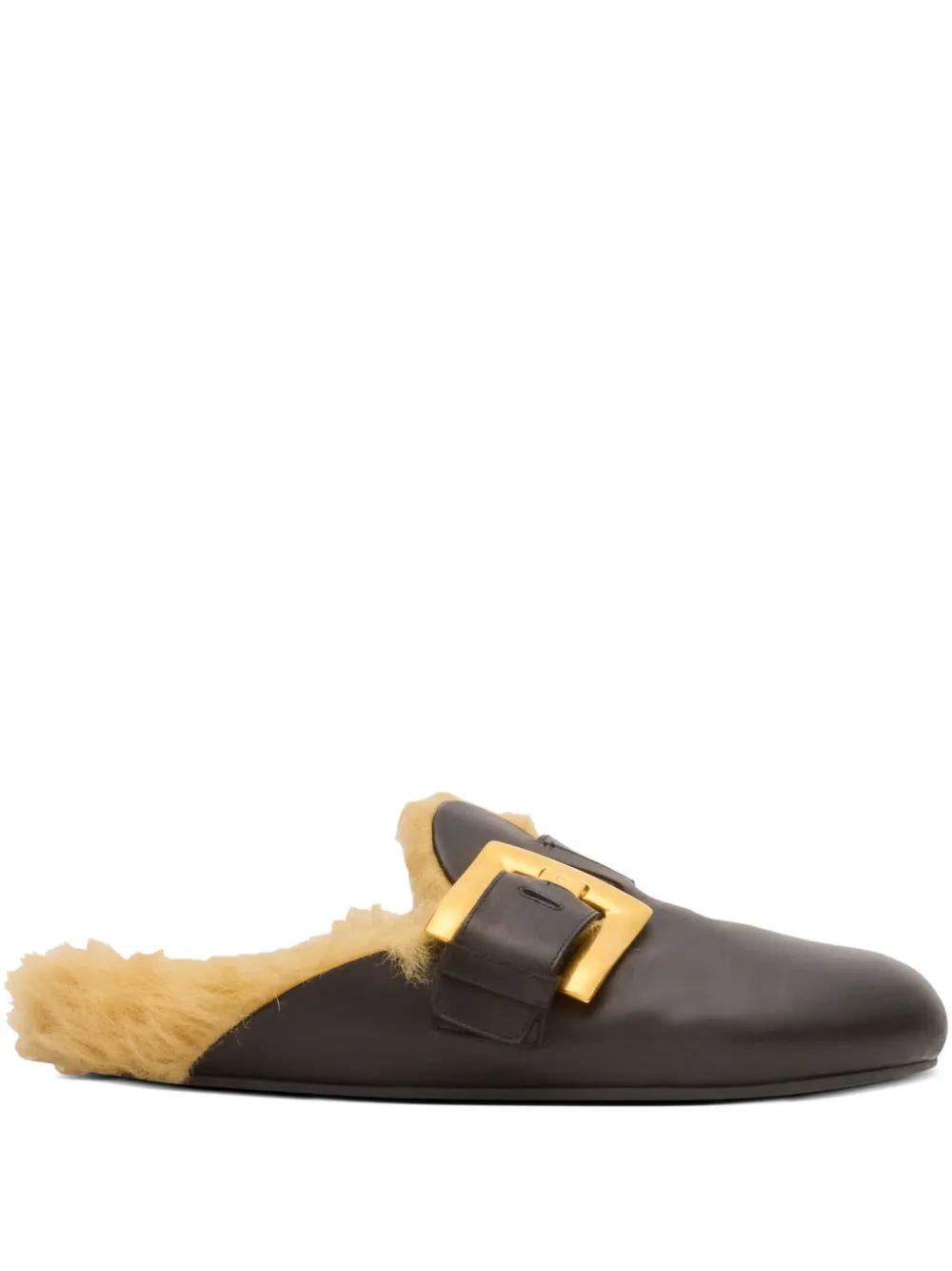BALMAIN Faux Fur Lined Slip-On Flat with Decorative Buckle Detail