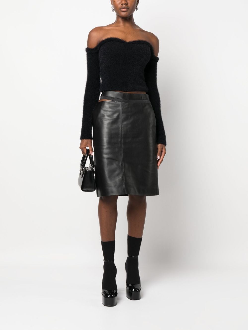 FENDI Leather Midi Skirt with Logo Waistband