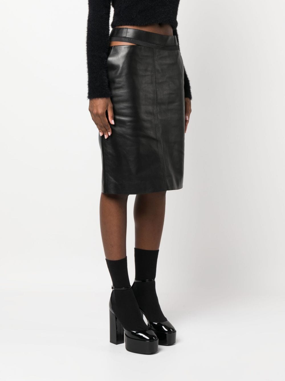 FENDI Leather Midi Skirt with Logo Waistband