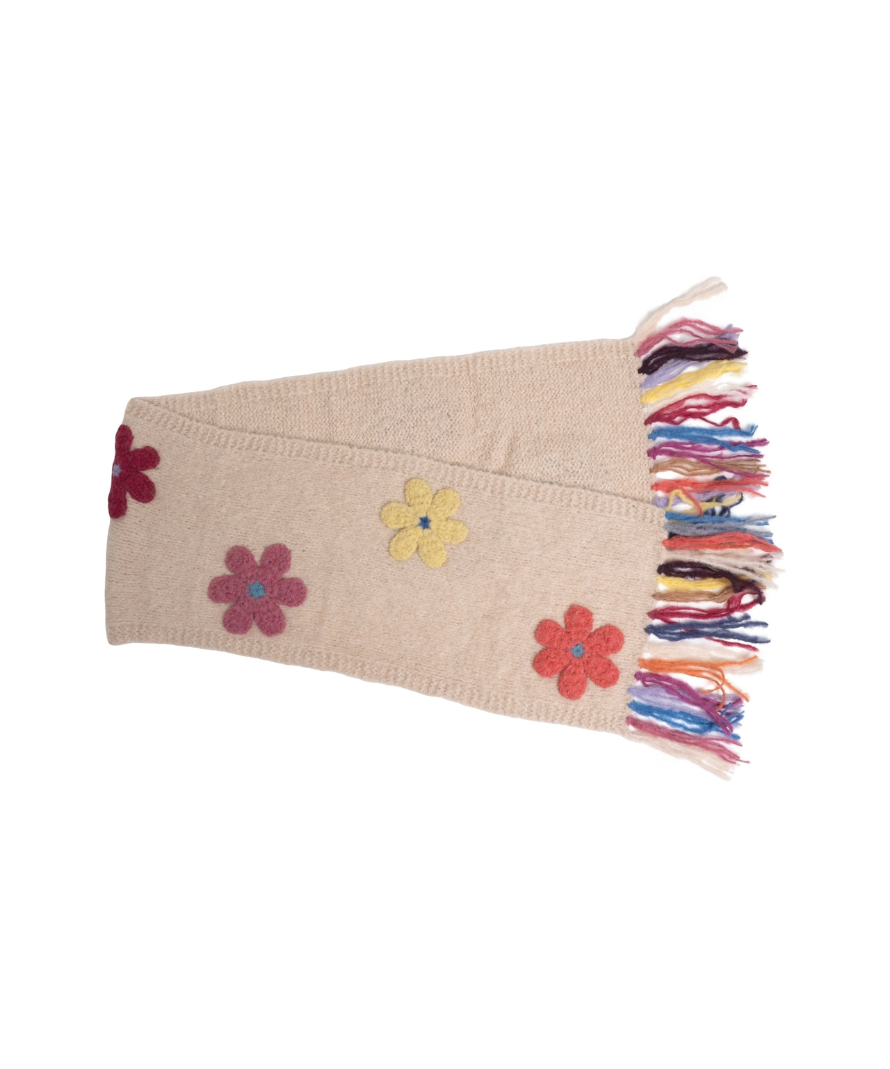 FRANTIC Knit Scarf with Floral Details and Colorful Fringes