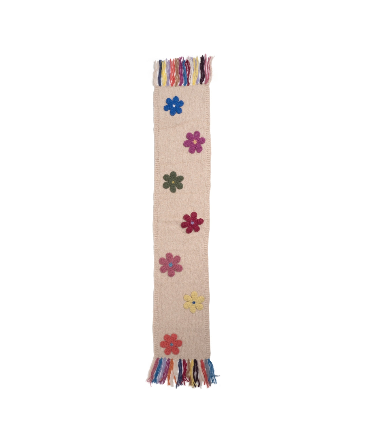 FRANTIC Knit Scarf with Floral Details and Colorful Fringes