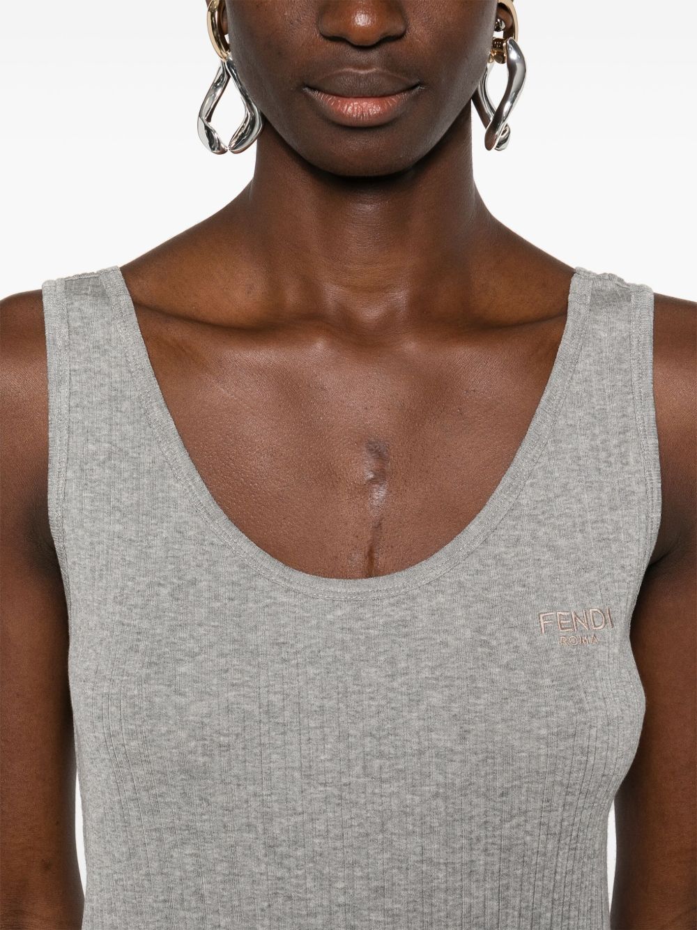 FENDI Ribbed Cotton Tank Top with Embroidered Logo