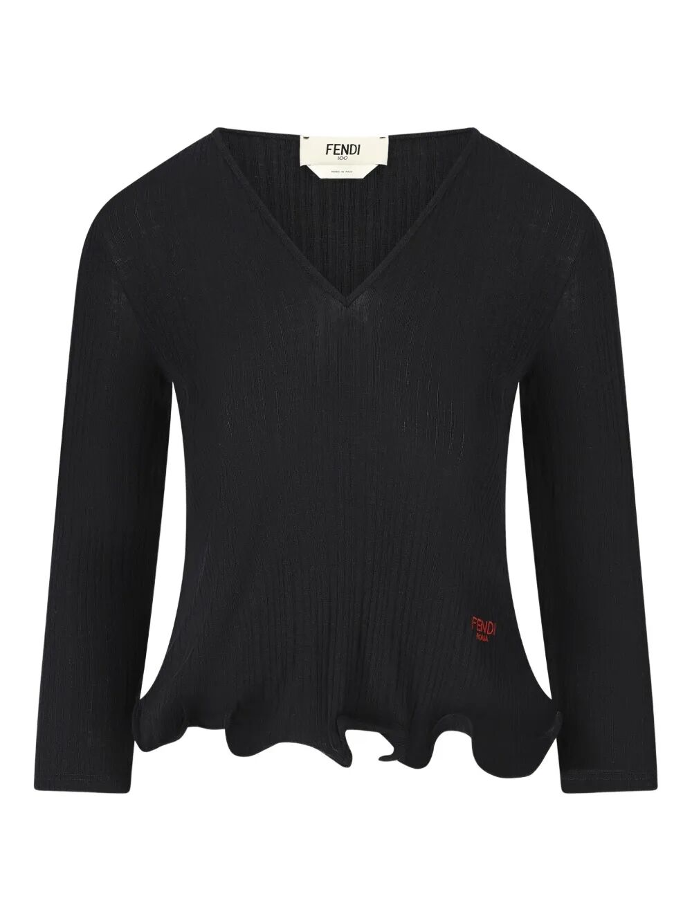 FENDI Wool V-Necked Sweater with Scalloped Hem for Women