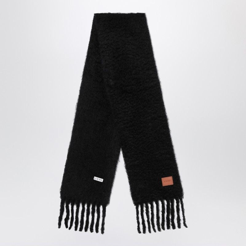 LOEWE Wool and Mohair Scarf with Fringes and Leather Patch