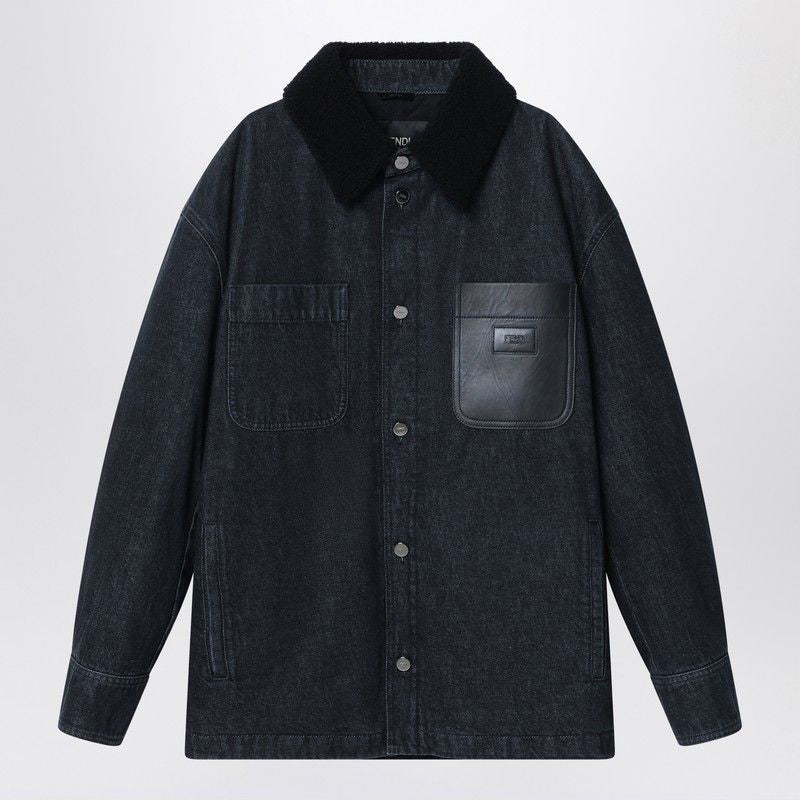 FENDI Denim Shirt Jacket with Shearling Collar