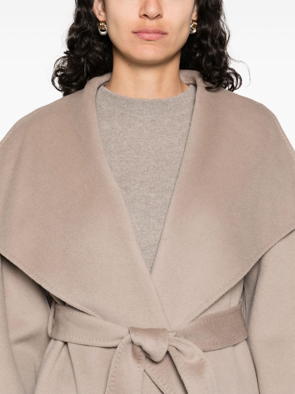 SOFT GOAT Belted Cashmere Jacket with Scarf Collar - Below Knee Length