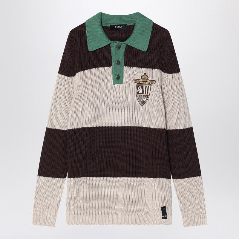 FENDI Knit Cotton Polo Shirt with Stripes