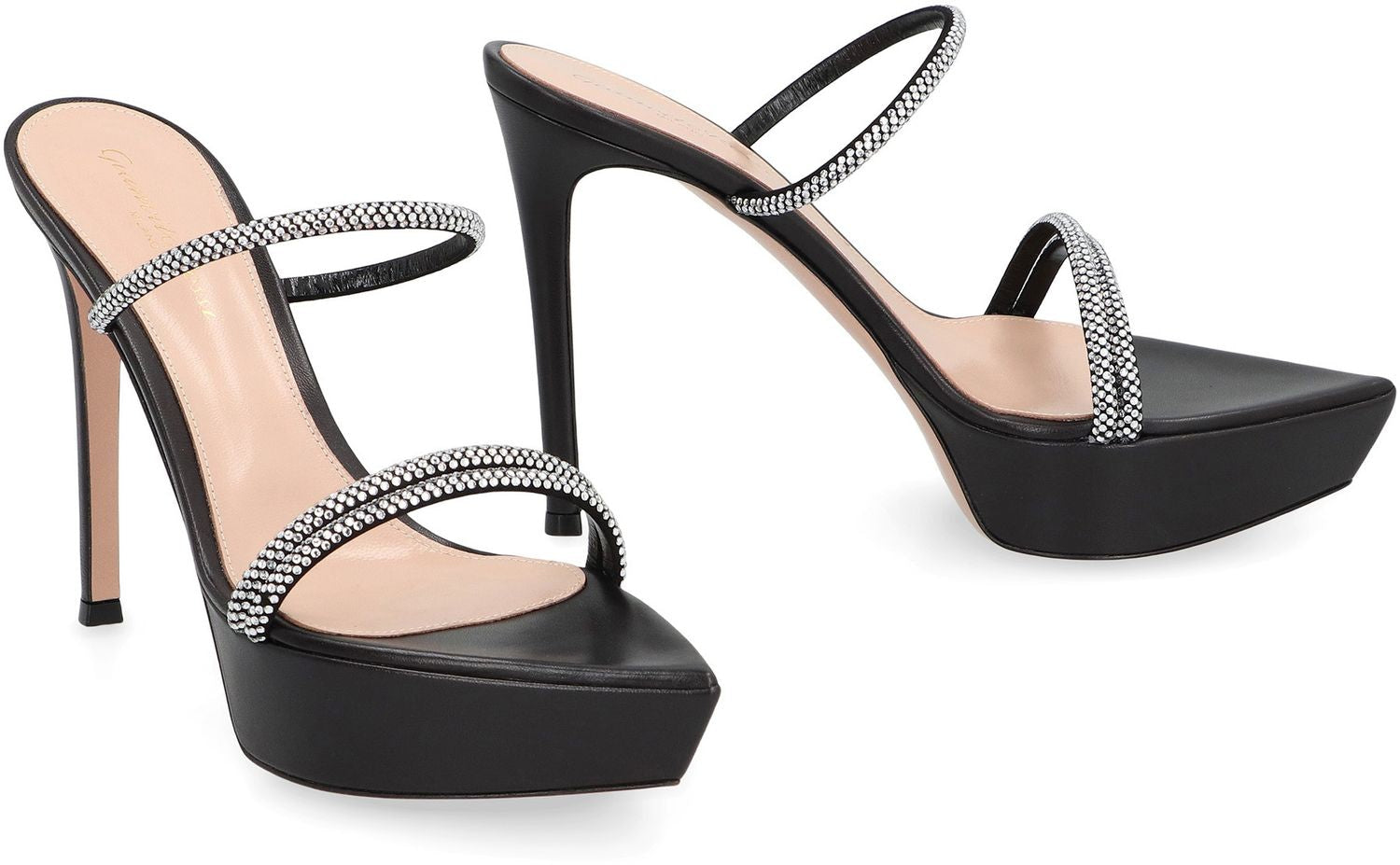 GIANVITO ROSSI Leather Flat Sandals with Rhinestone Details - 3.5 cm Platform Height