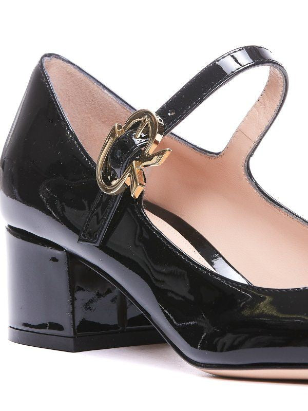 GIANVITO ROSSI Mary Ribbon Block Heel Slippers with Gold-Detail