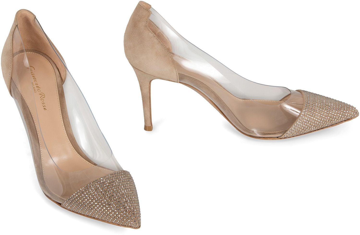 GIANVITO ROSSI Pointy Toe Suede Pumps with Glitter and PVC Inserts