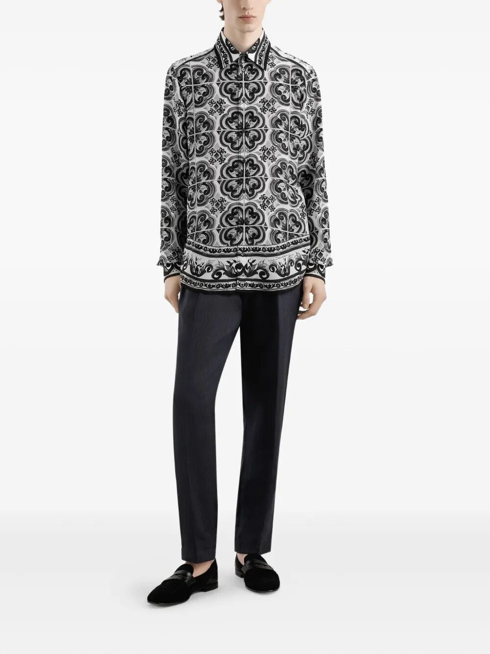 DOLCE & GABBANA Majolica-Print Silk Shirt for Men - FW25 Collection