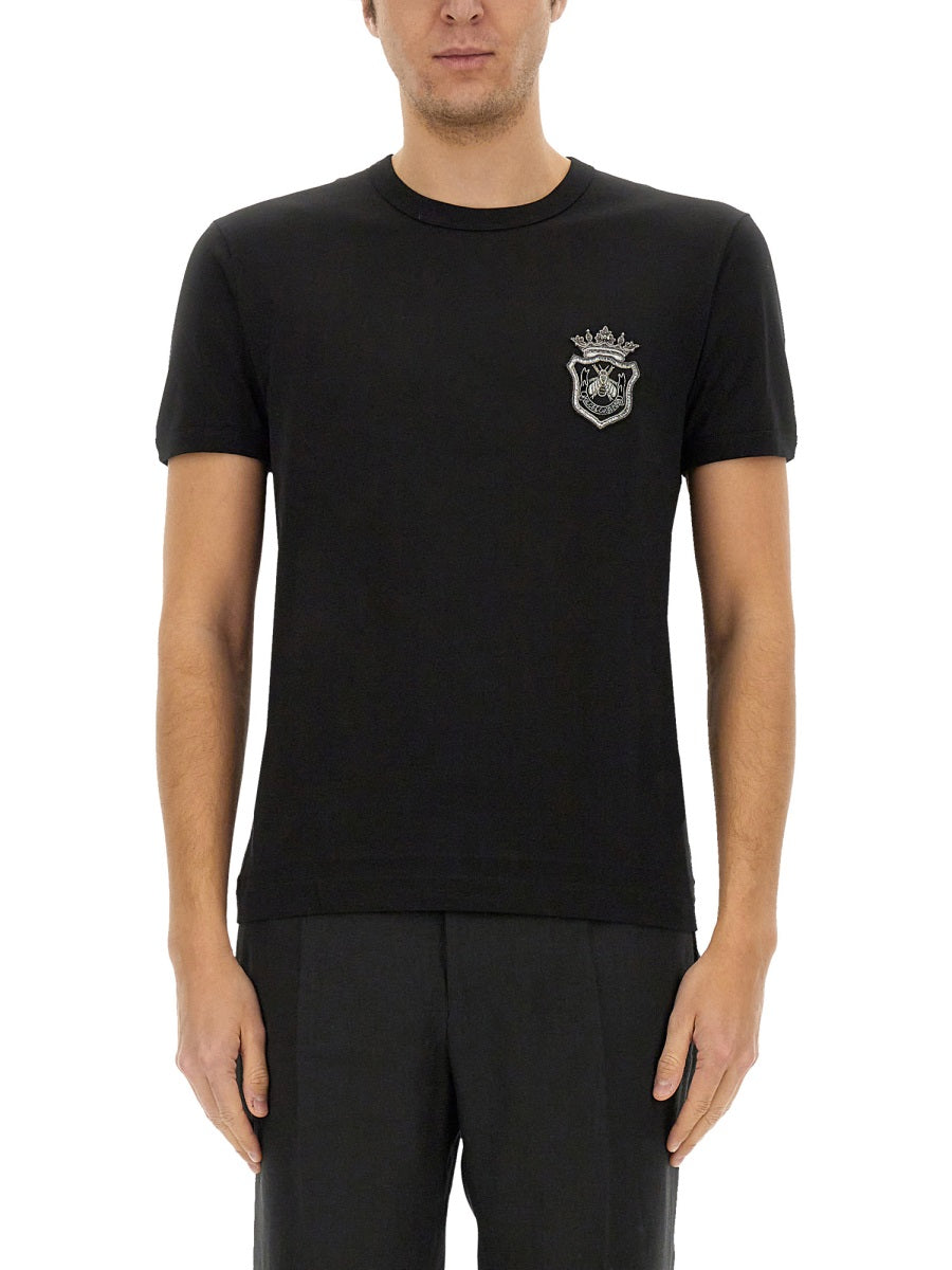 DOLCE & GABBANA Heraldic Patch Cotton T-Shirt - Regular Fit, Size 48
