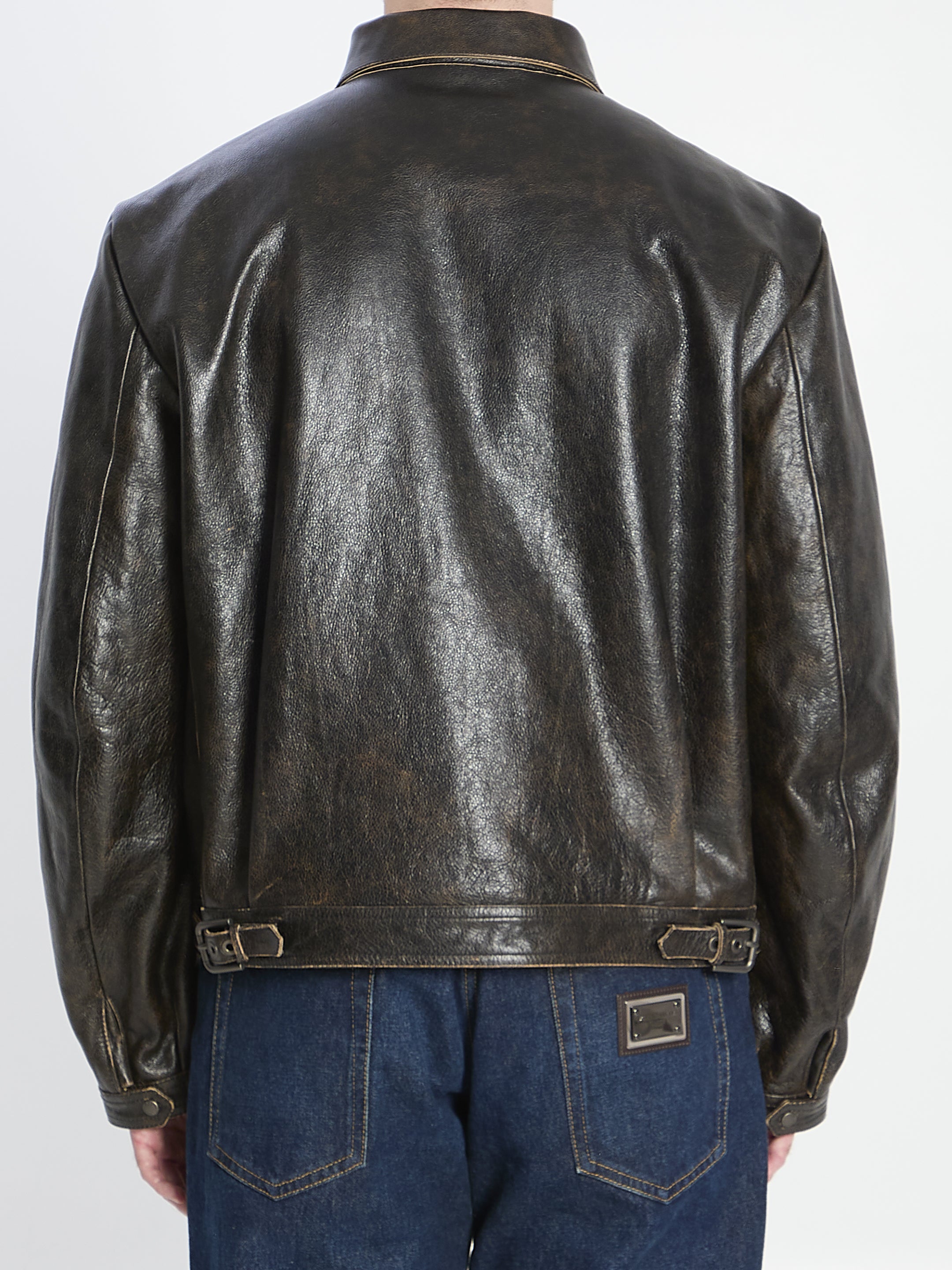 DOLCE & GABBANA Aged-Effect Leather Bomber Jacket (Size 48 IT)
