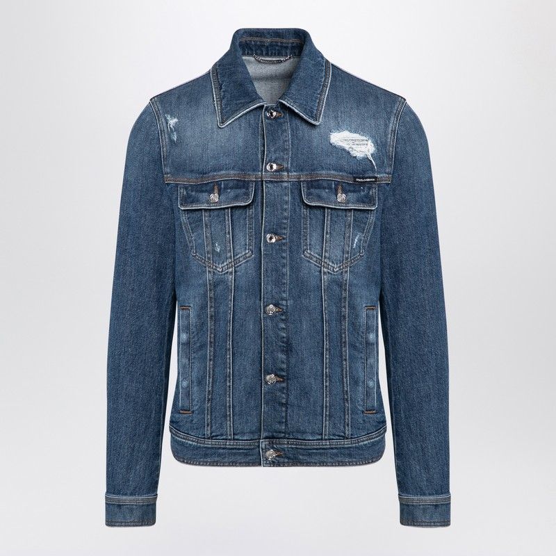 DOLCE & GABBANA Destroyed Denim Jacket with Buttoned Flap Pockets