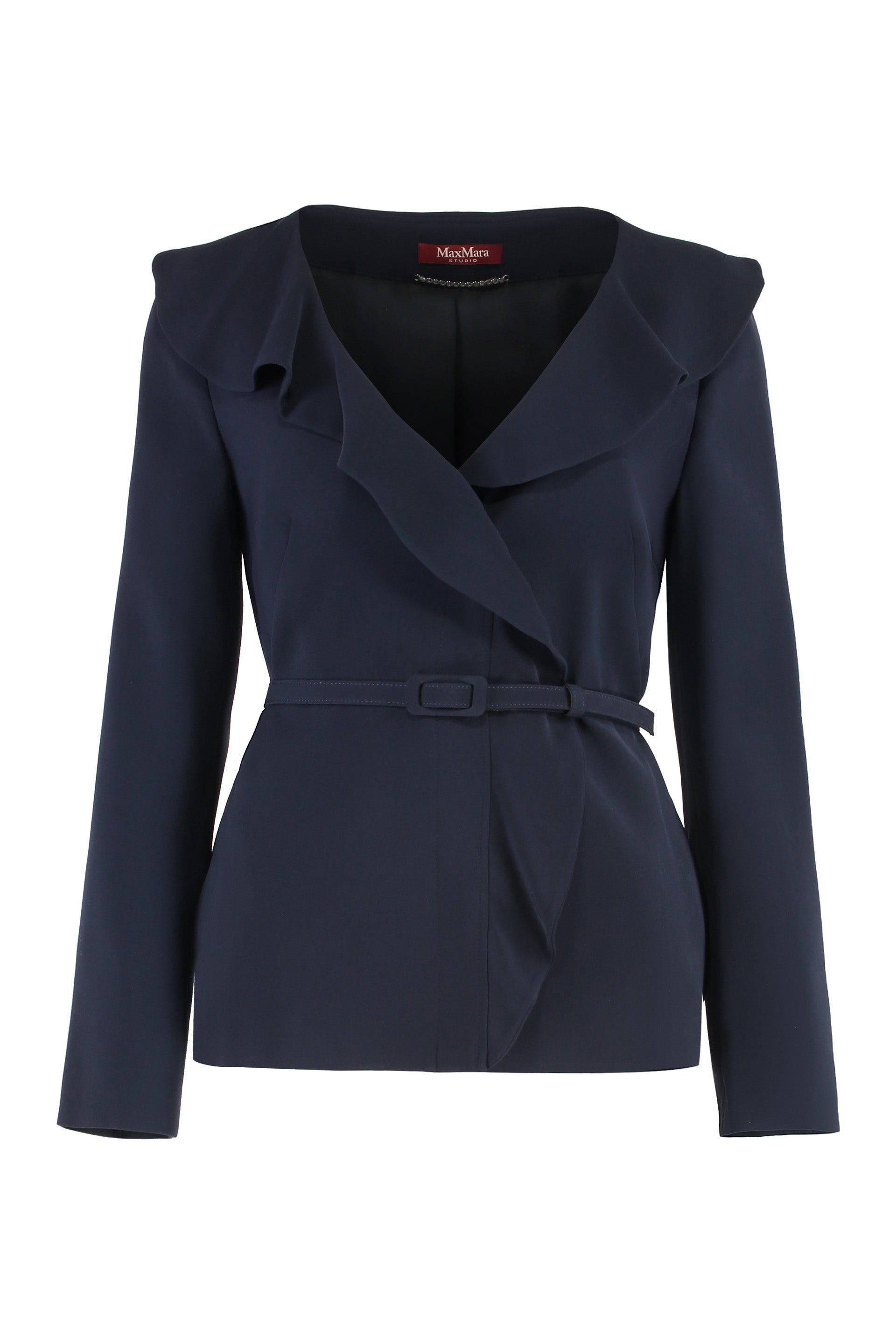 MAX MARA STUDIO Cady Jacket with Decorative Ruffles and Coordinated Waist Belt
