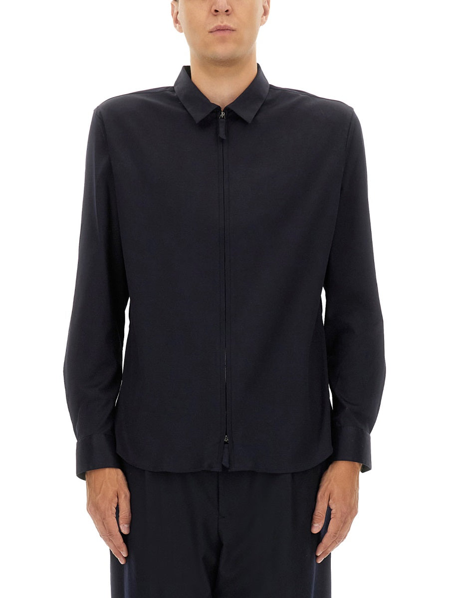 GIORGIO ARMANI Midnight Blue Cotton Zip Shirt for Men