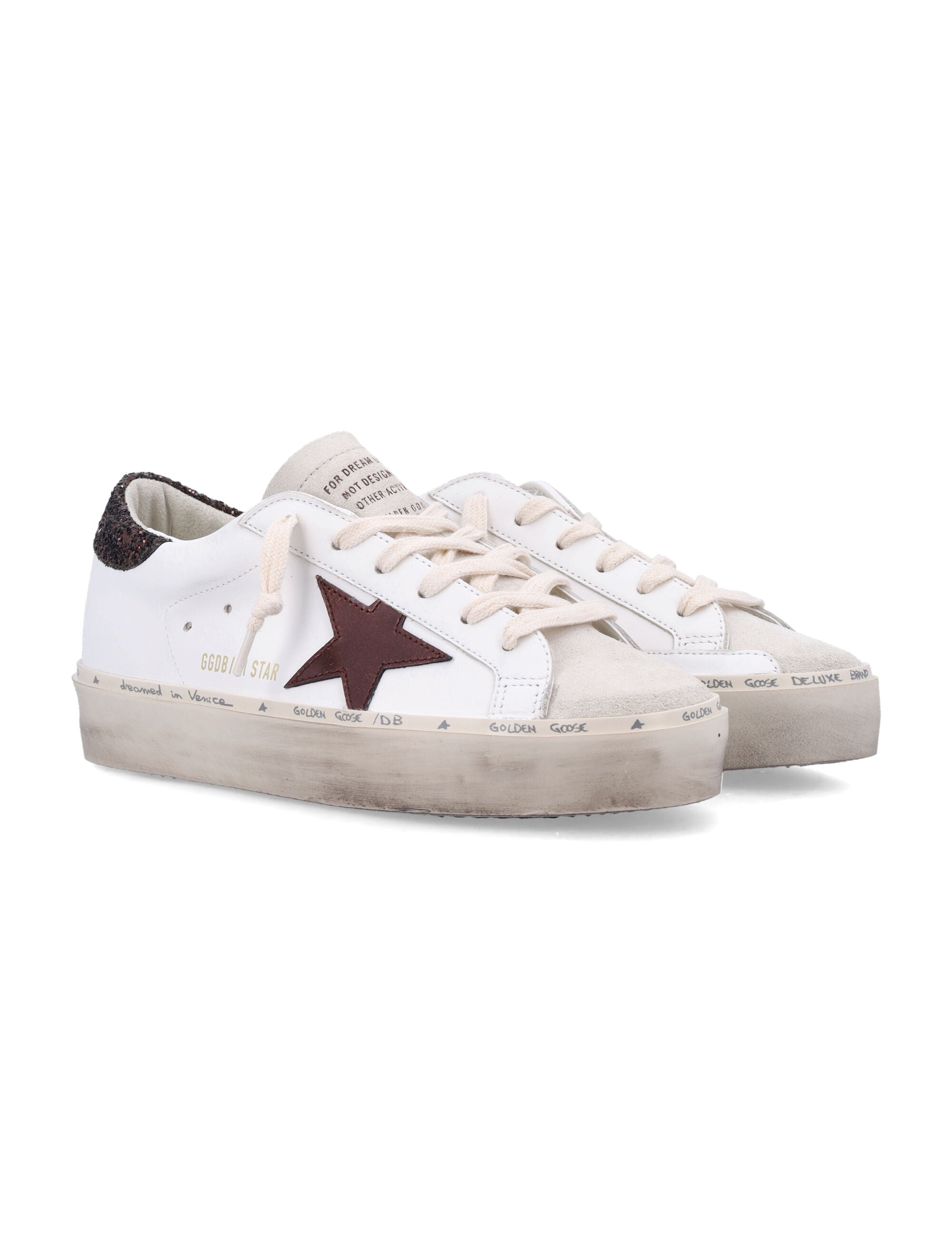 GOLDEN GOOSE High-Top Leather Sneakers with Glitter Heel Trim