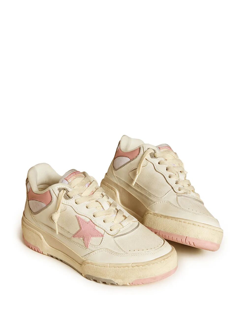 GOLDEN GOOSE Distressed Finish Leather and Fabric Sneakers with Pink Star