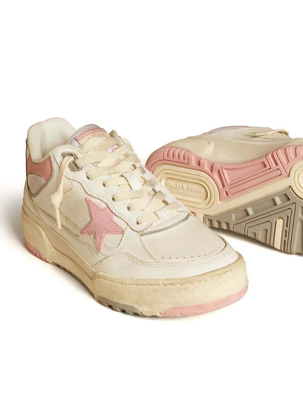 GOLDEN GOOSE Distressed Finish Leather and Fabric Sneakers with Pink Star