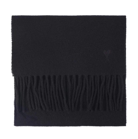 AMI Embroidered Wool Scarf with Fringed Edges
