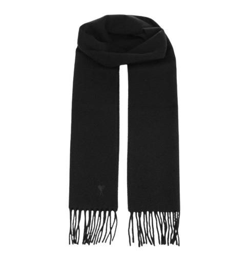 AMI Embroidered Wool Scarf with Fringed Edges