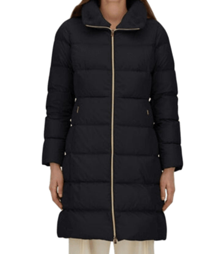 HERNO Satin Long Jacket with Faux Fur Collar for Women