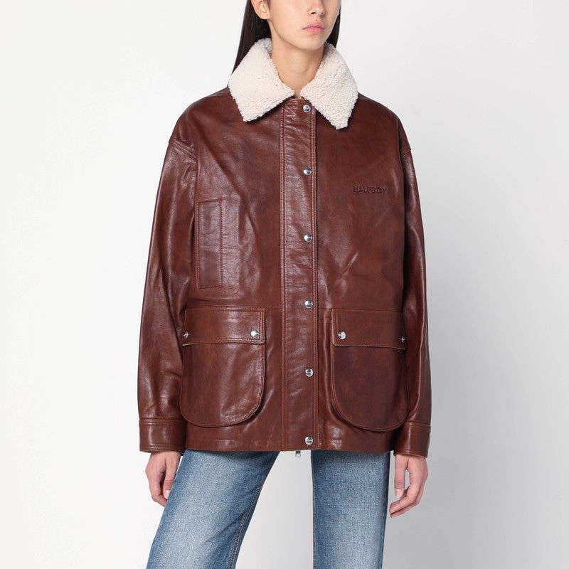 HALFBOY Women's Brown Leather Jacket with Shearling Collar