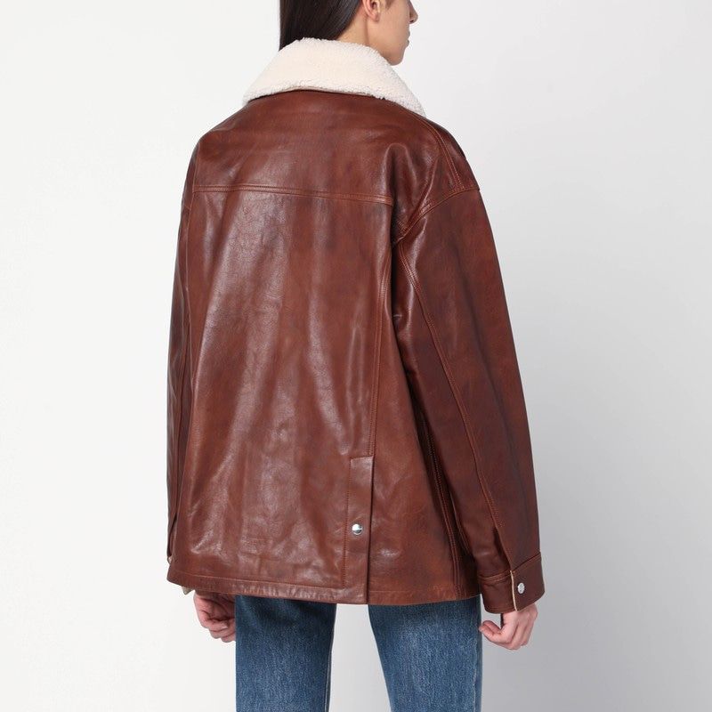 HALFBOY Women's Brown Leather Jacket with Shearling Collar