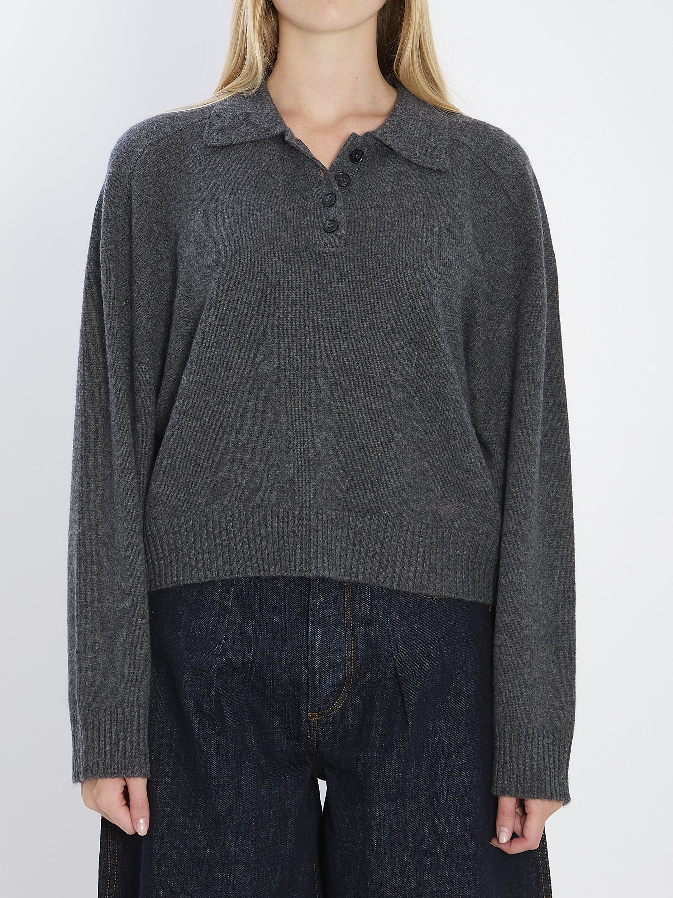 LOULOU DE SAISON Long-Sleeved Cashmere Polo - Cropped Relaxed Fit