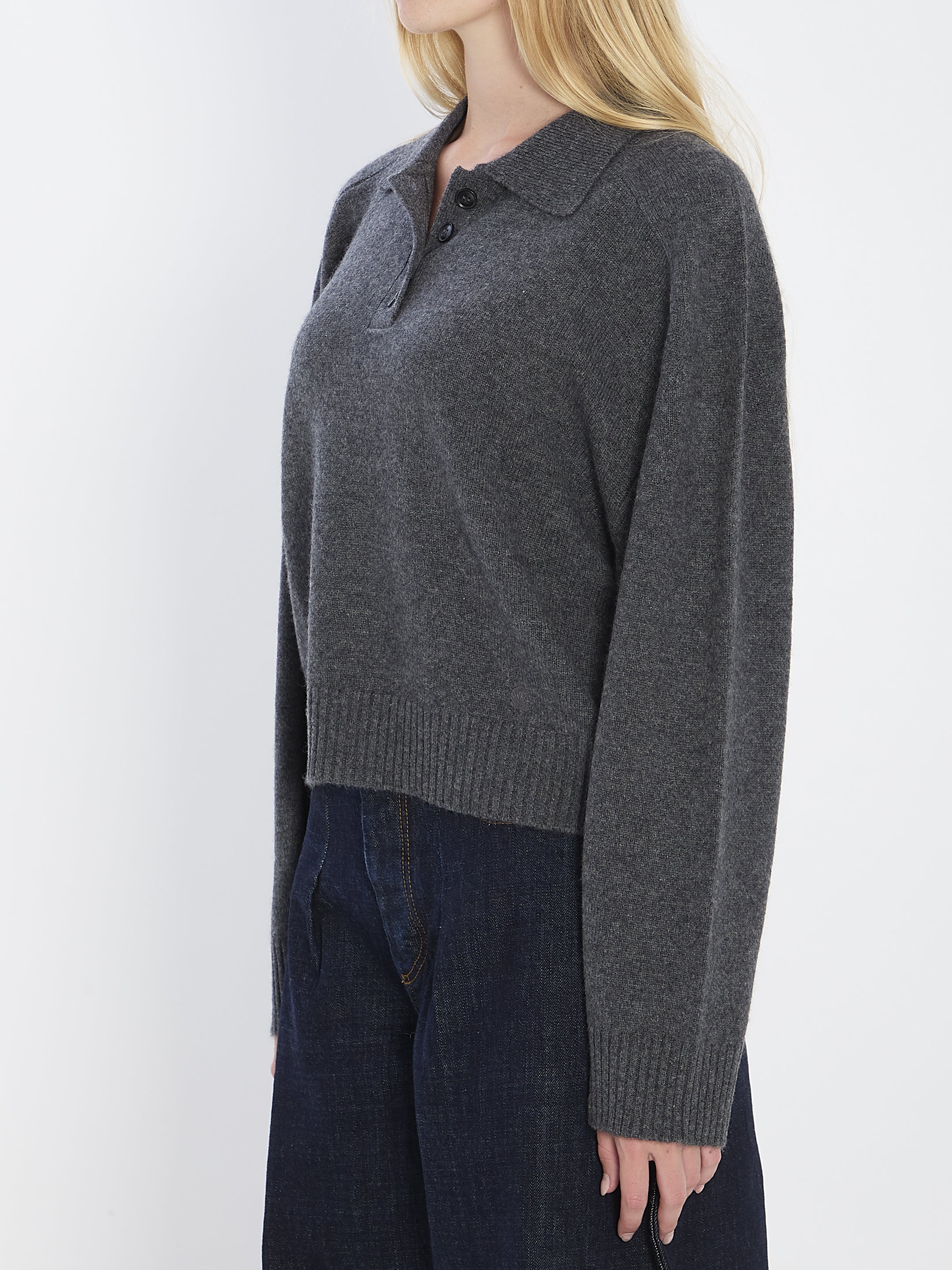 LOULOU DE SAISON Long-Sleeved Cashmere Polo - Cropped Relaxed Fit