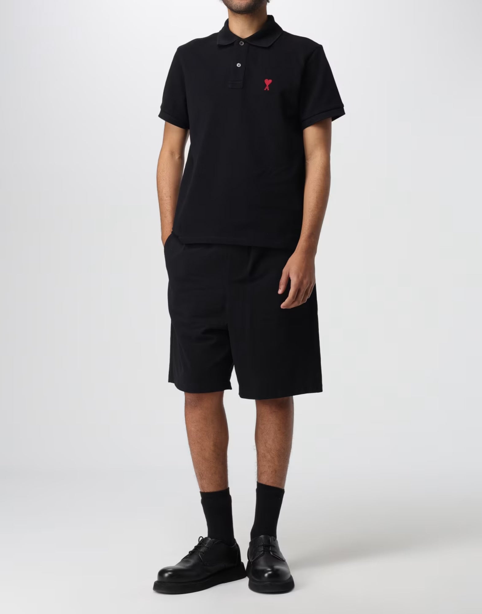 AMI PARIS Cotton Crepe Logo Plaque Bermuda Shorts