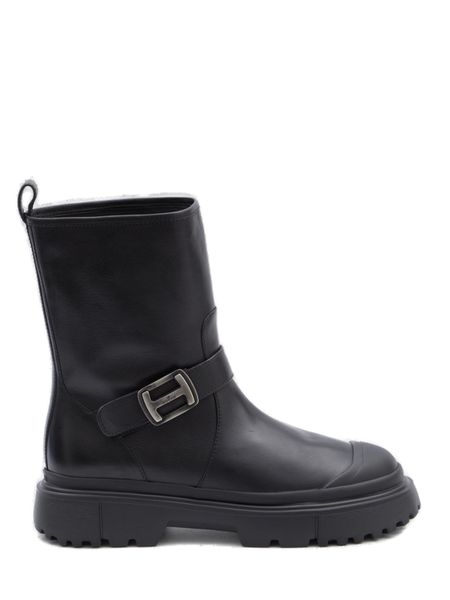 HOGAN Logo Buckled Round-Toe Canvas Boots