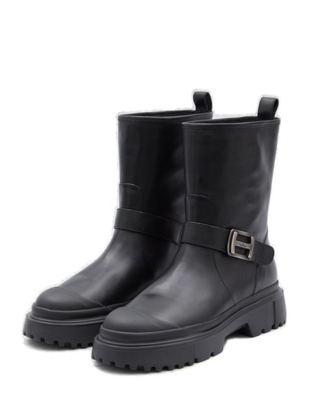 HOGAN Logo Buckled Round-Toe Canvas Boots