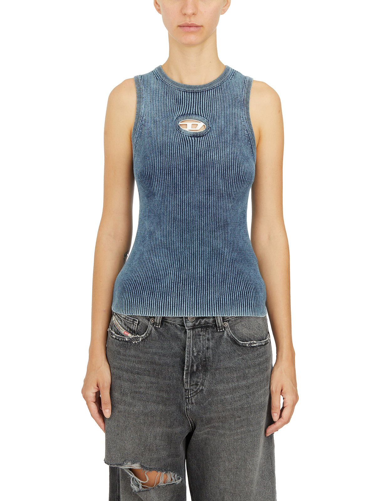 DIESEL Ribbed Mini Tank Top with Metal Front Logo - Size S