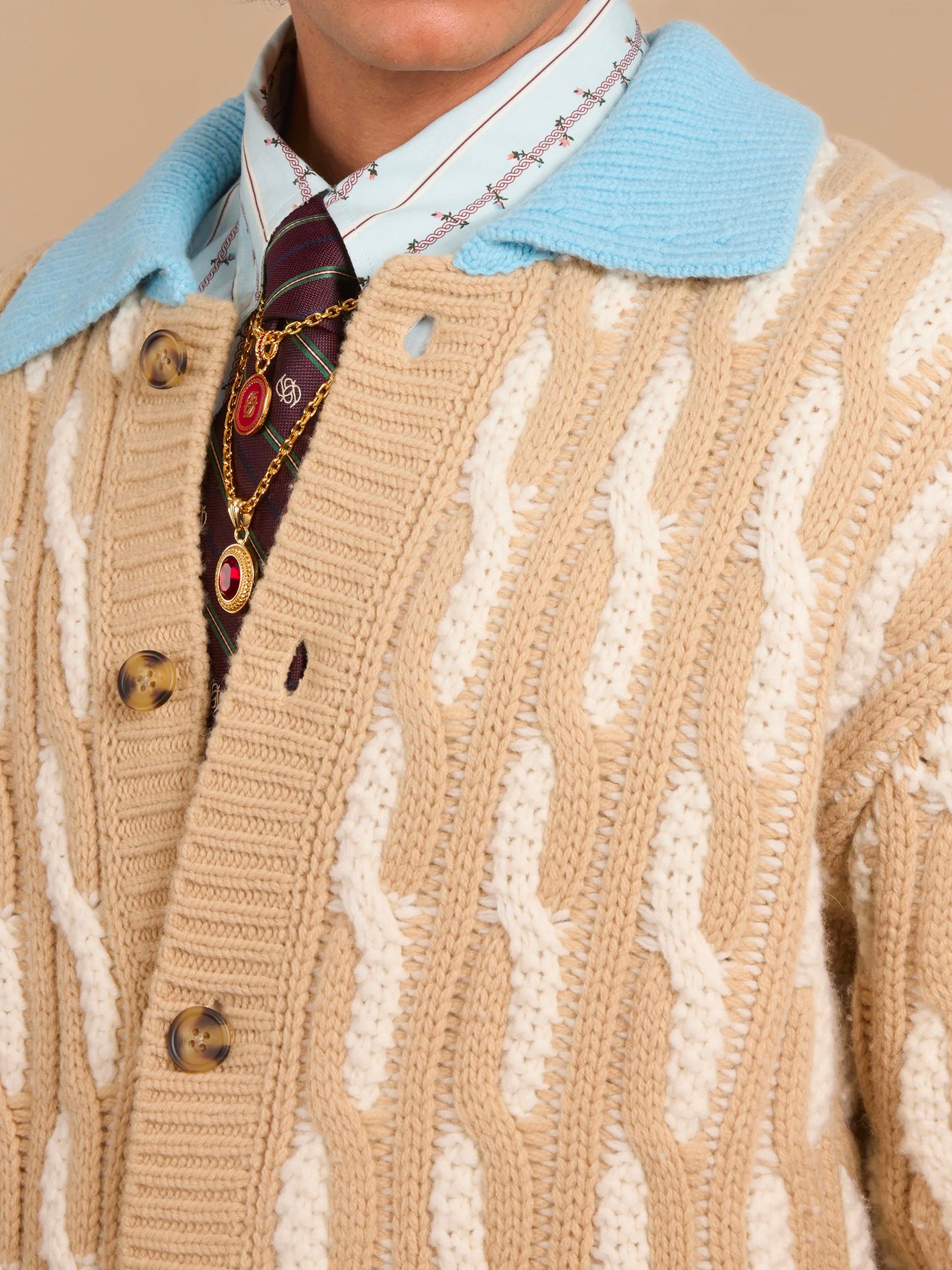 DRÔLE DE MONSIEUR Two-Tone Cable-Knit Cardigan - Size M