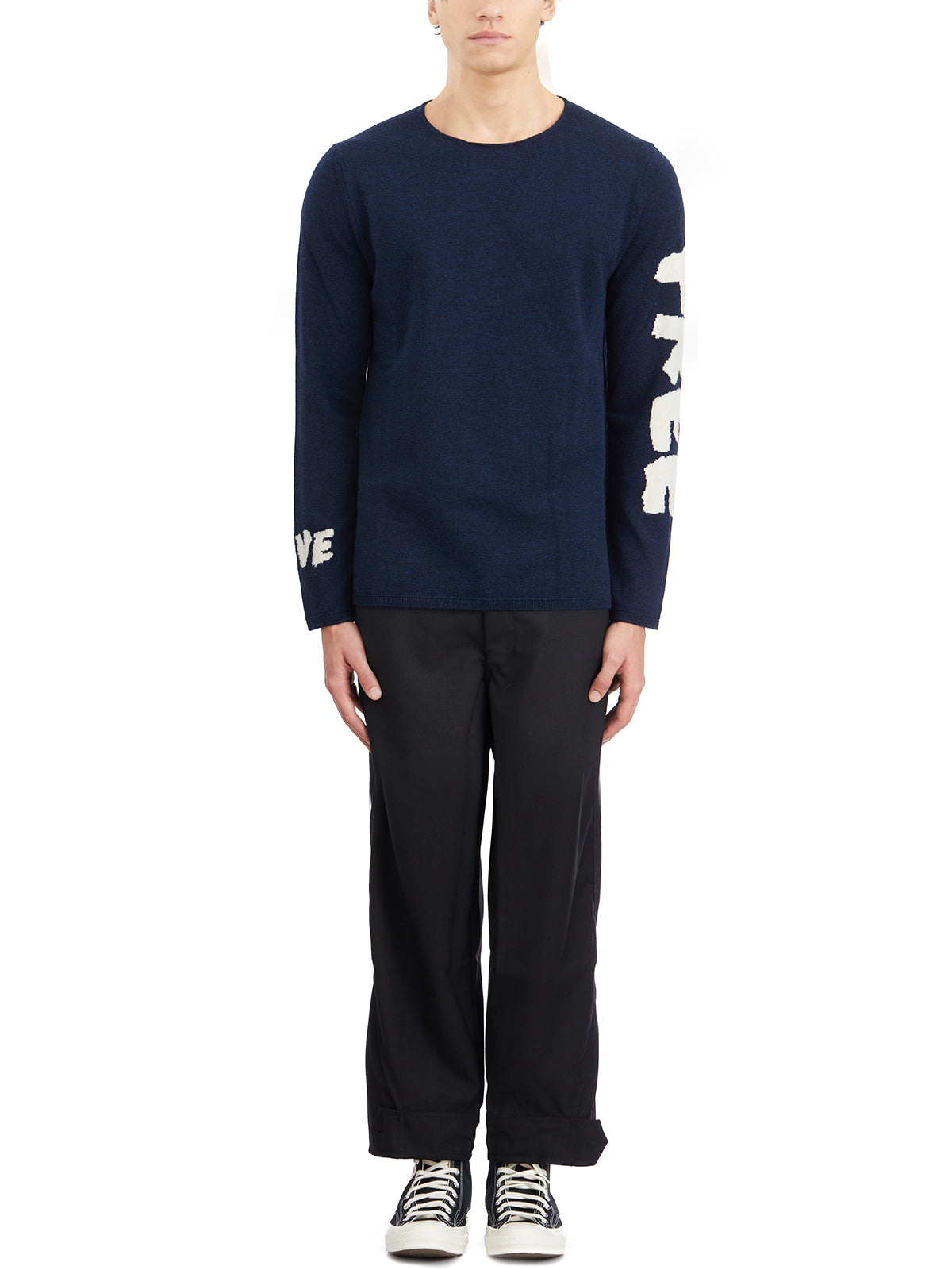 COMME DES GARÇONS SHIRT Men's Roundneck Wool Sweater with Embroidered Sleeves - Size L