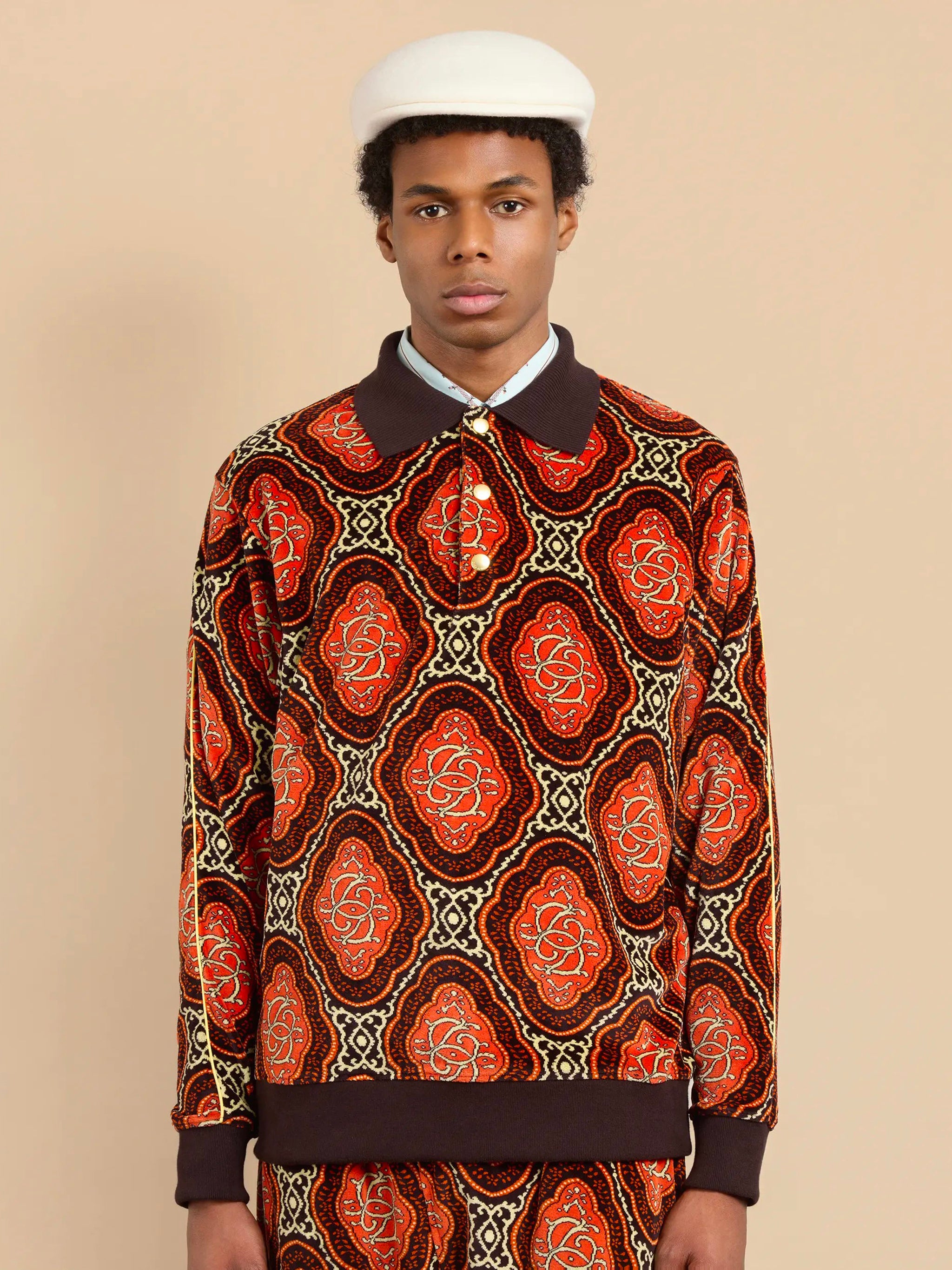 DRÔLE DE MONSIEUR Men's Long-Sleeve Velvet Polo Top