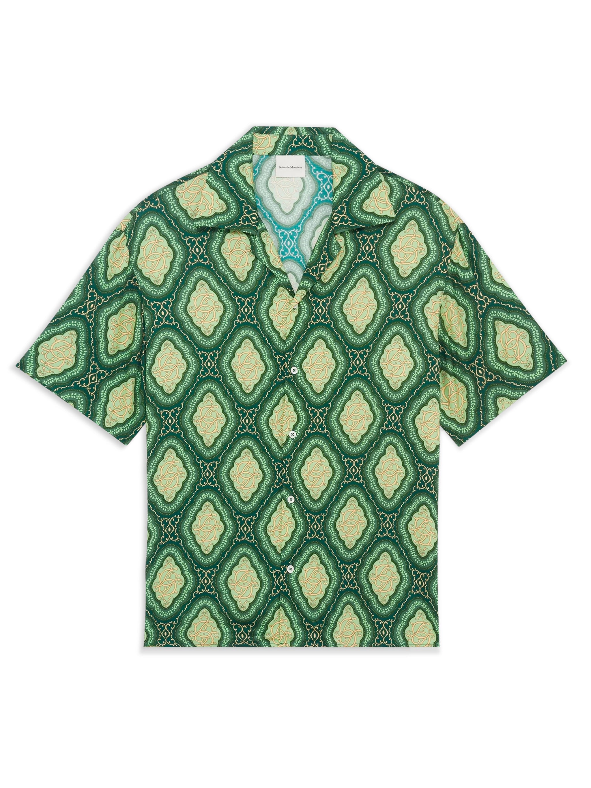 DRÔLE DE MONSIEUR Men's Short-Sleeved Mini Medallion Print Open Collar Shirt