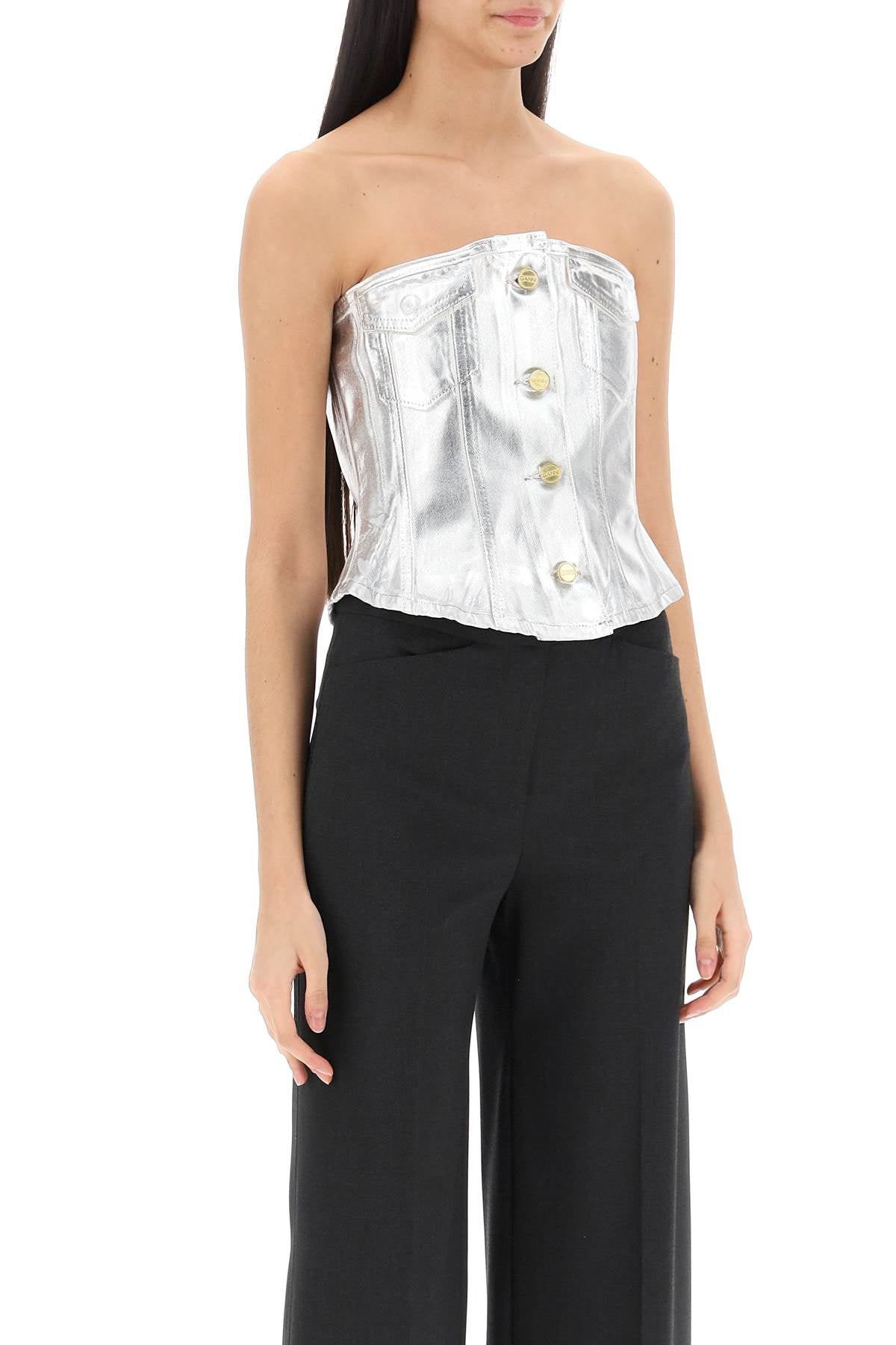 GANNI Shimmering Corsage Denim Top