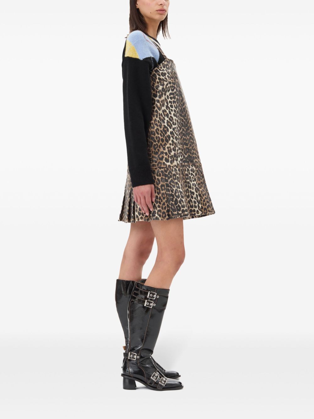 GANNI Fierce Print Denim Strap Mini Dress