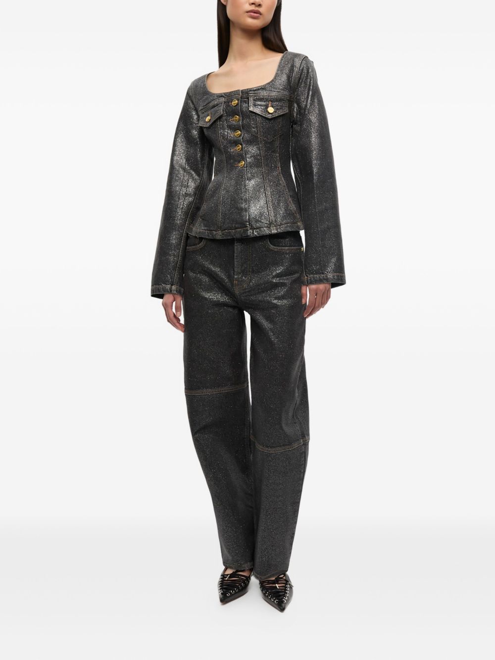 GANNI Denim Cotton Blazer Jacket with Peplum Waist